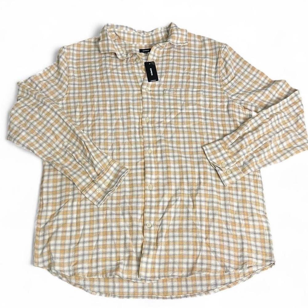 Express NWT Beige and White Plaid Shirt Size Large